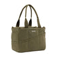 Side view of the olive green Soolla craft bag with slanted outer pockets