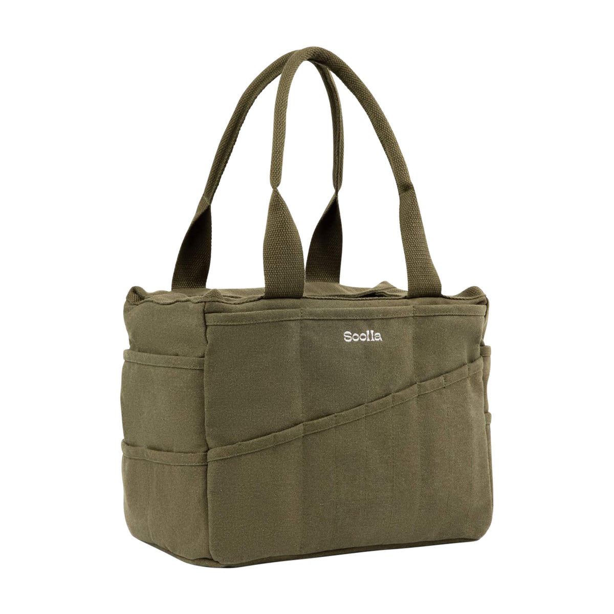 Side view of the olive green Soolla craft bag with slanted outer pockets