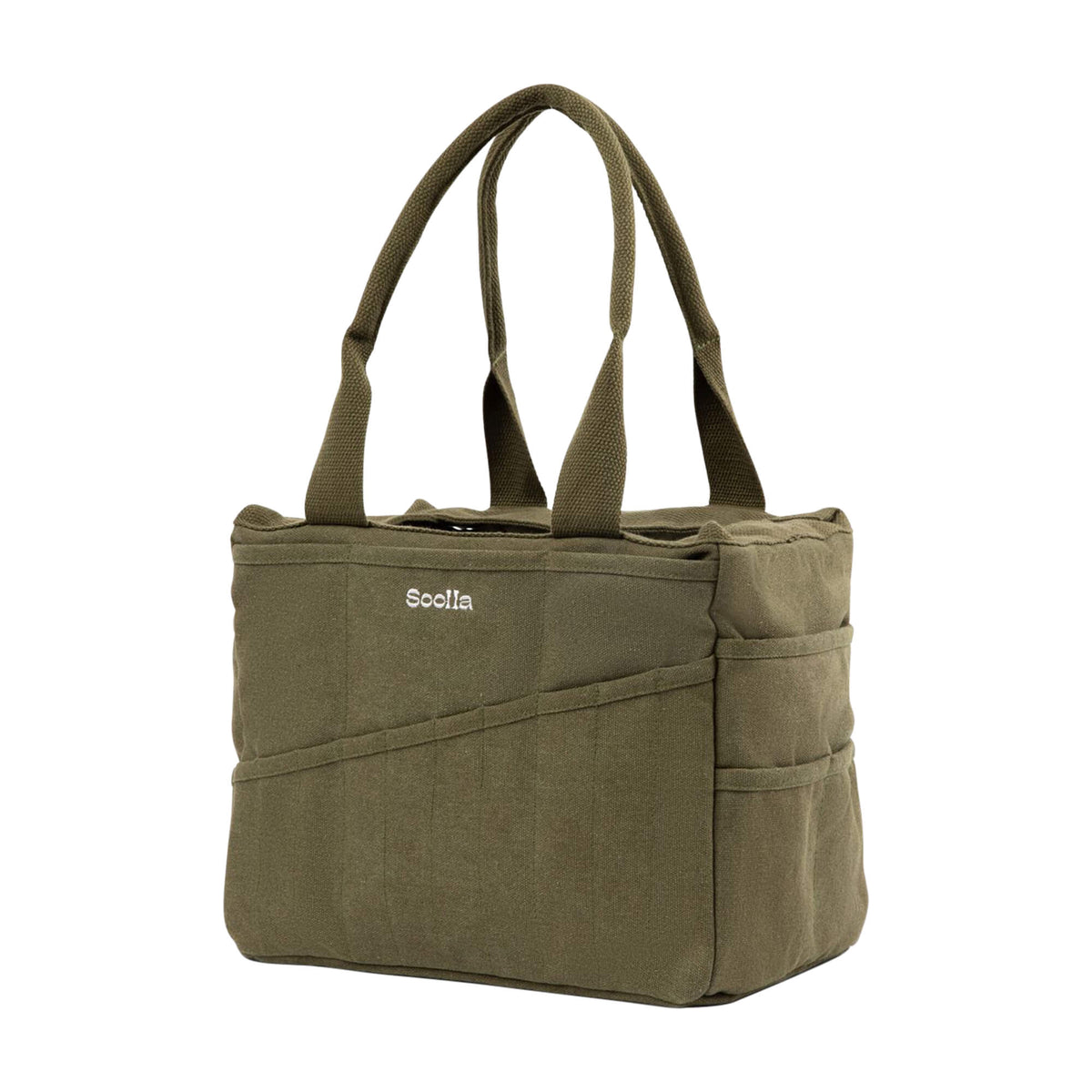 Angled view of the olive green Soolla craft bag