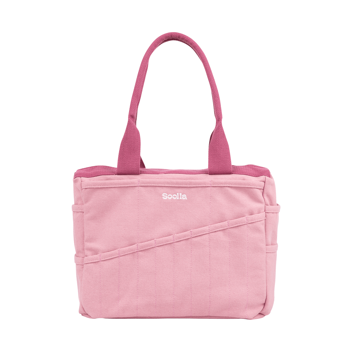 Front of the dusty pink Soolla craft bag with slanted tool pockets