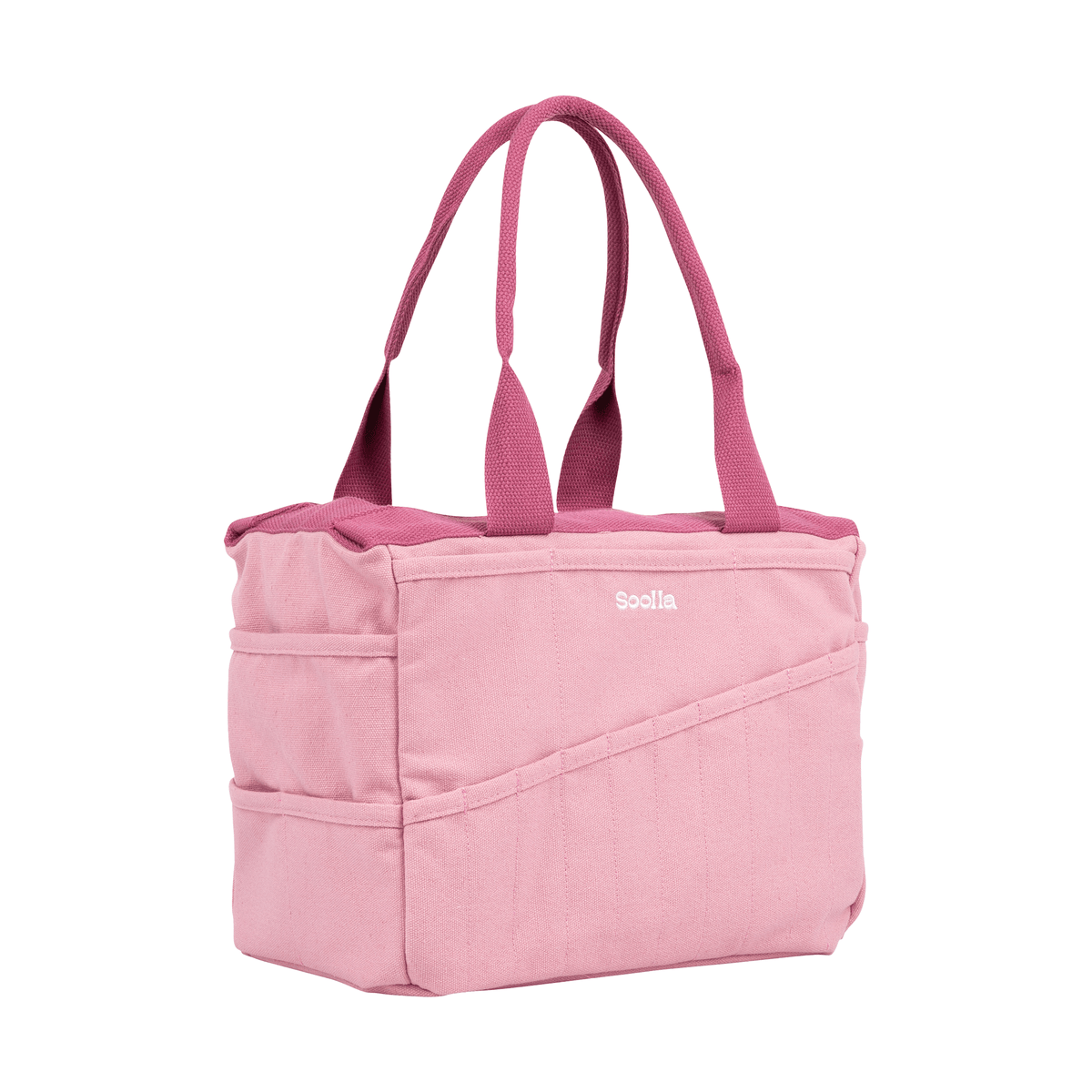 Side view of the dusty pink Soolla craft bag with raspberry handles