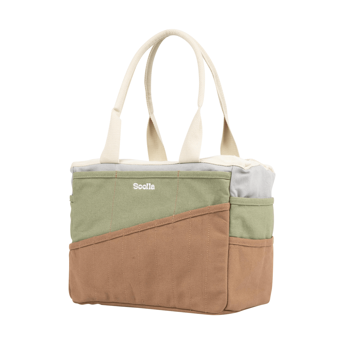 Angled view of the Good Earth Soolla craft bag in sage green, gray and brown with cream handles