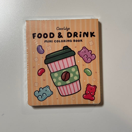 Food & Drink mini coloring book by Coco Wyo with a coffee cup and gummy bears on the cover