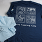 Navy blue t-shirt with white graphics and text on white background