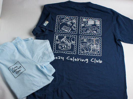 Navy blue t-shirt with white graphics and text on white background