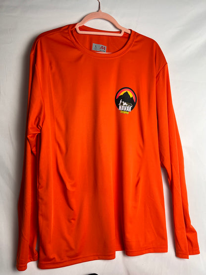 Orange long-sleeve hi-viz performance shirt with a small custom business logo on the chest