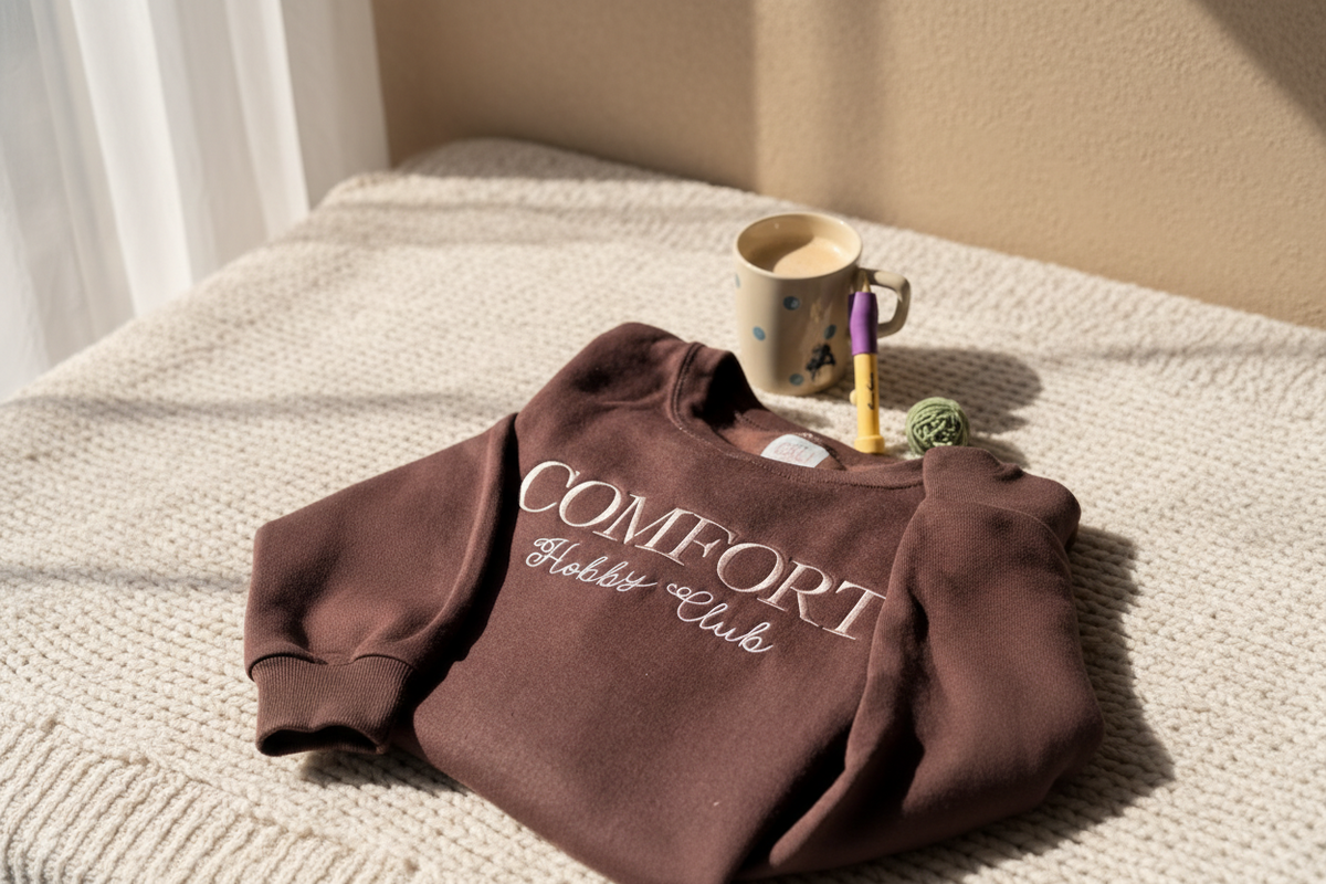 Cozy craft desk with embroidery hoop, coloring book and warm mug