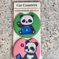 Car coaster pair: green with a panda waving over a laptop, and pink with a panda at a laptop