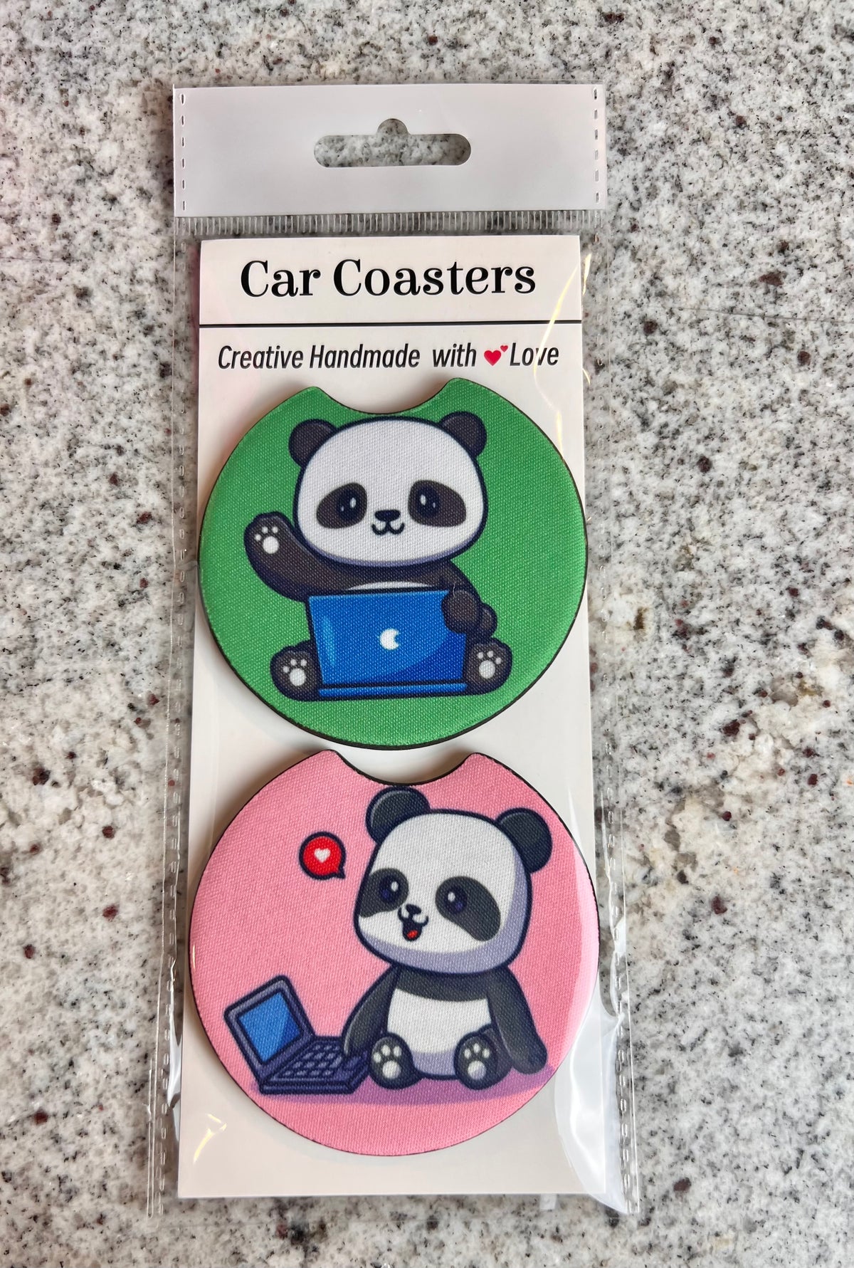 Car coaster pair: green with a panda waving over a laptop, and pink with a panda at a laptop