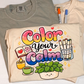 Color your Calm print on a folded cream tee with markers, beside sage and ivory shirts