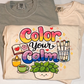 Folded cream Color your Calm T-shirt with a colorful coloring-themed print, beside sage and ivory tees