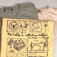 Butter yellow Hobby Collector tee printed "My hobby is collecting hobbies" with embroidery, knitting and sewing icons, on sage and peach tees