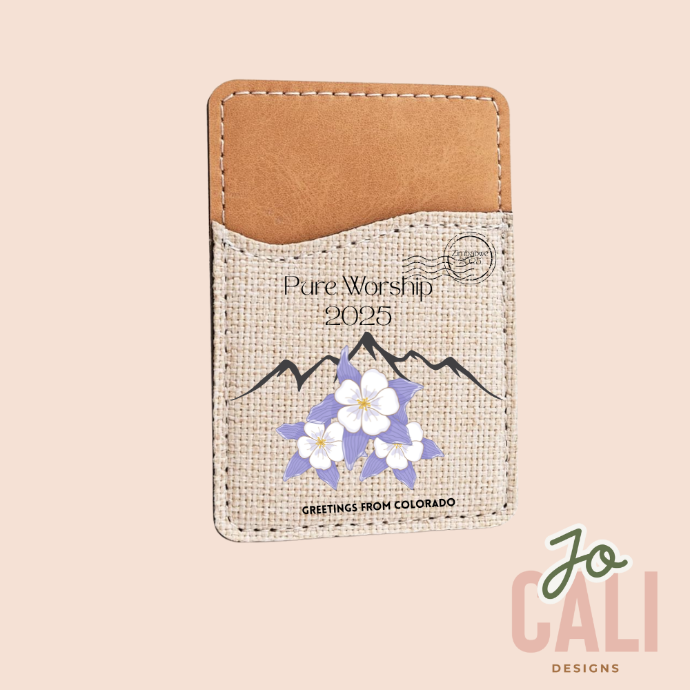 Linen-look phone card wallet printed Pure Worship 2025, Greetings from Colorado, with mountains and columbine flowers
