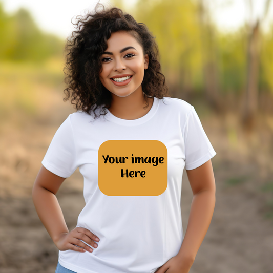 Model wearing a white T-shirt with a "Your image here" placeholder on the chest