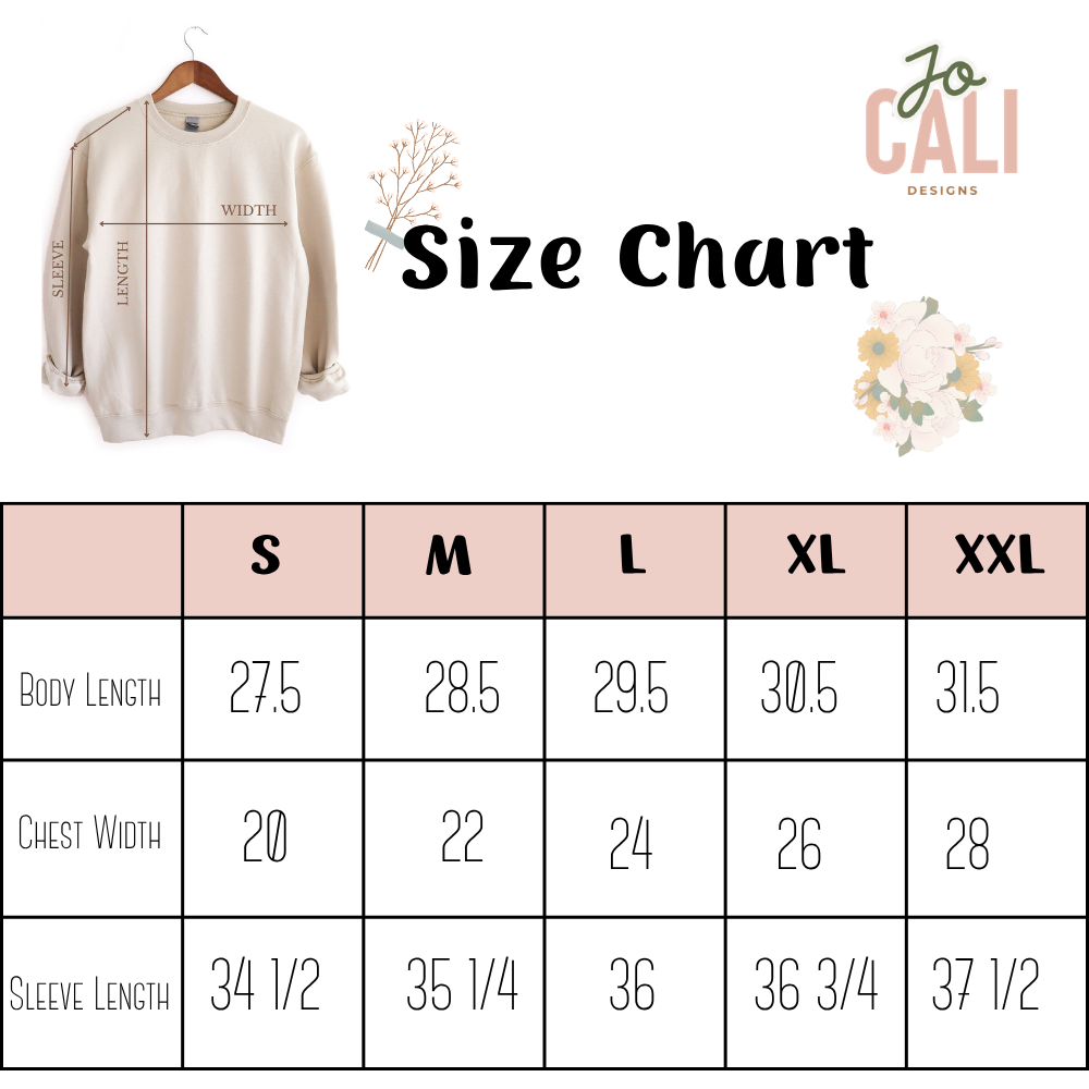 Crewneck size chart (body length, chest width, sleeve length): S 27.5, 20, 34½ · M 28.5, 22, 35¼ · L 29.5, 24, 36 · XL 30.5, 26, 36¾ · XXL 31.5, 28, 37½