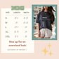 T-shirt size chart in inches (length, width): S 26.6, 18.25 · M 28, 20.25 · L 29.4, 22 · XL 30.75, 24 · 2XL 31.6, 26. Size up for an oversized look