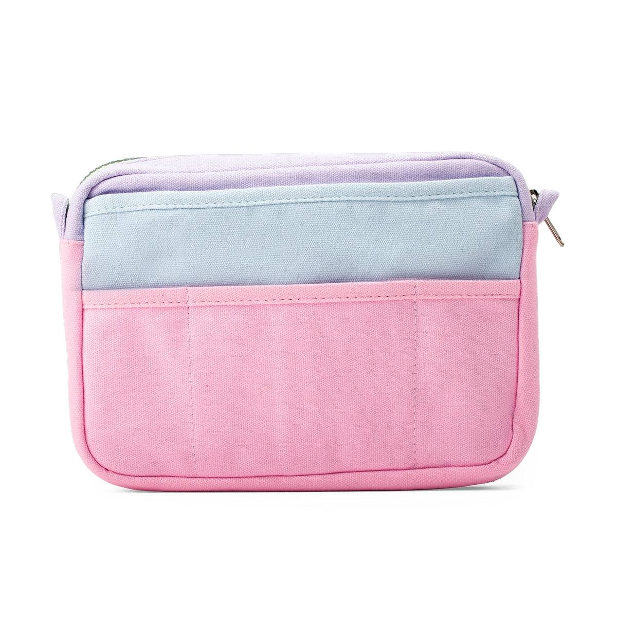 Back of the pink and light blue Soolla pouch with three open pockets