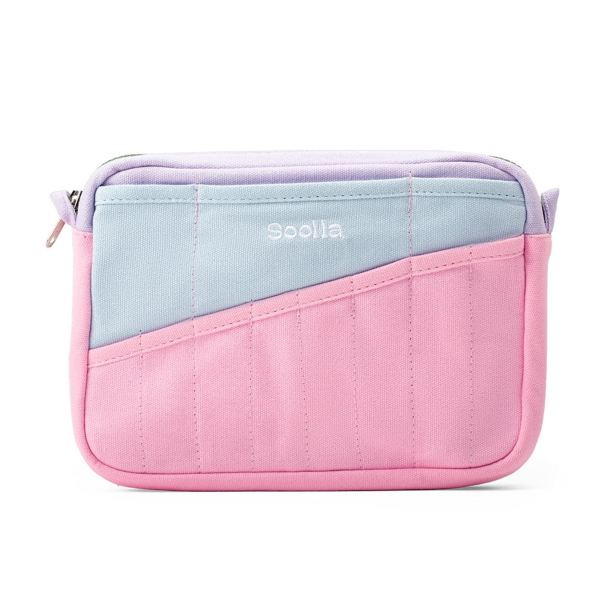 Front of the pink, light blue and lavender Soolla stationery pouch with slanted pen pockets