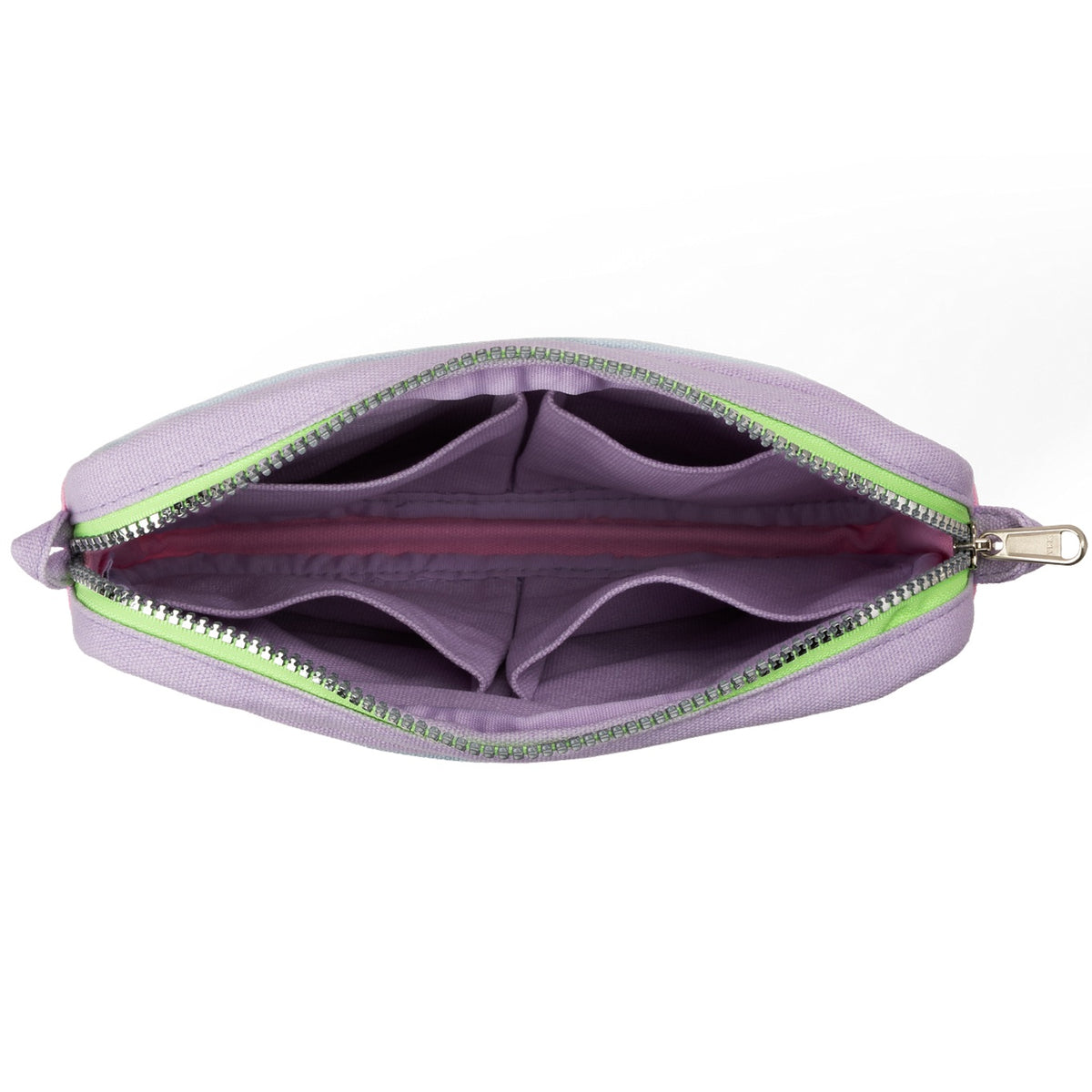 Inside the pink and blue Soolla pouch: lavender lining with divided pockets and a lime zipper