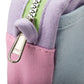 Close-up of the YKK zipper pull on the lavender, pink and blue Soolla pouch