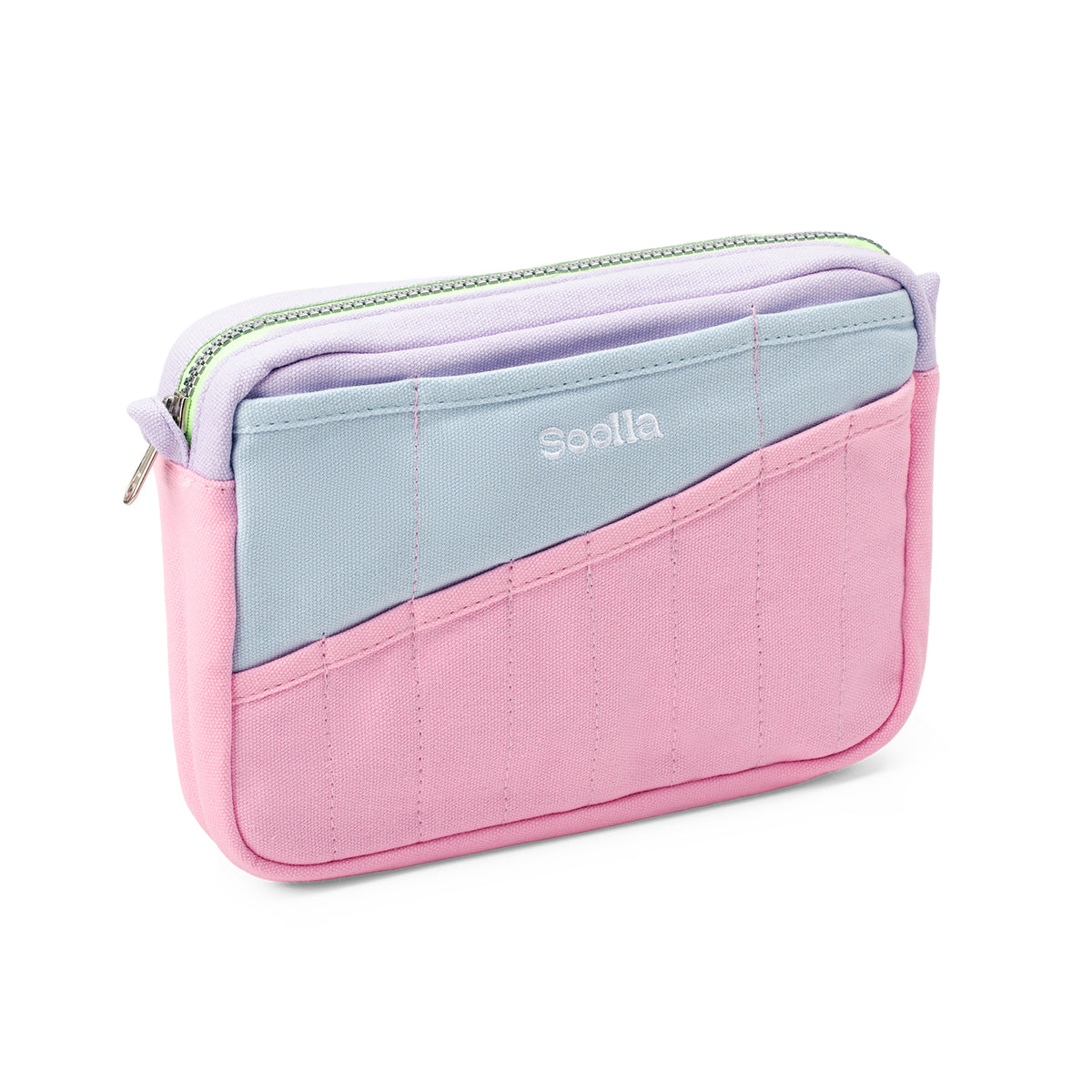 Angled view of the pink, light blue and lavender Soolla stationery pouch with a green zipper