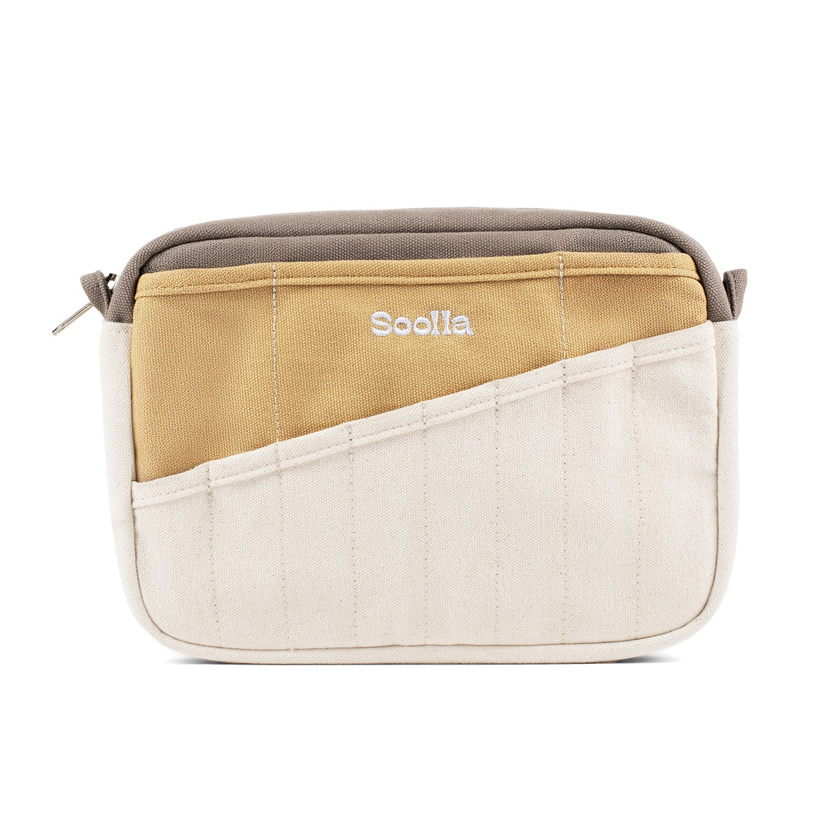 Front of the cream and mustard Soolla stationery pouch with slanted pen pockets