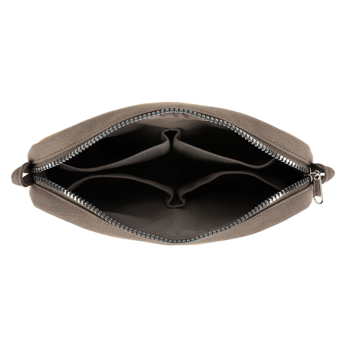 Inside the Soolla pouch: gray lining with divided interior pockets and a zipper