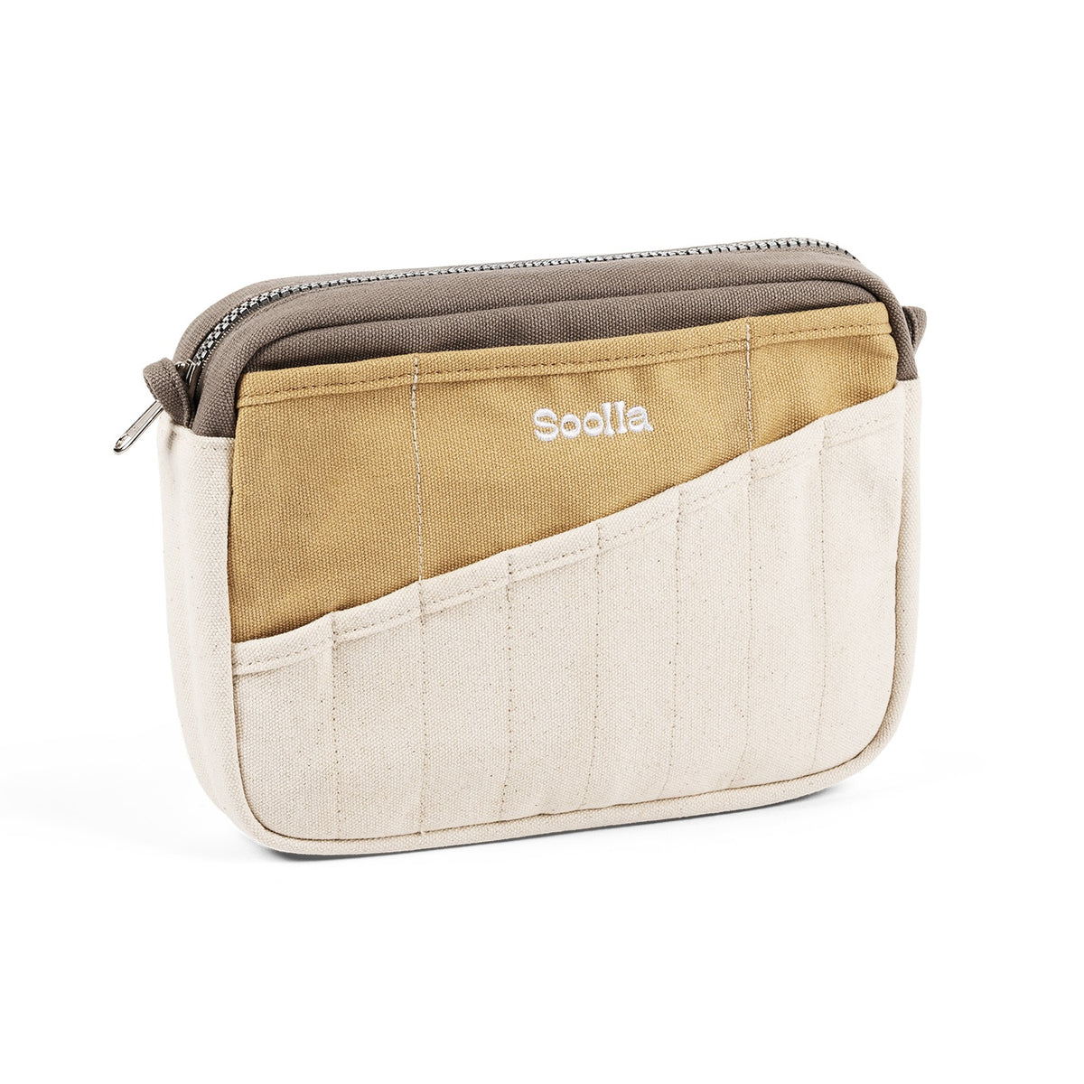 Angled view of the cream and mustard Soolla stationery pouch