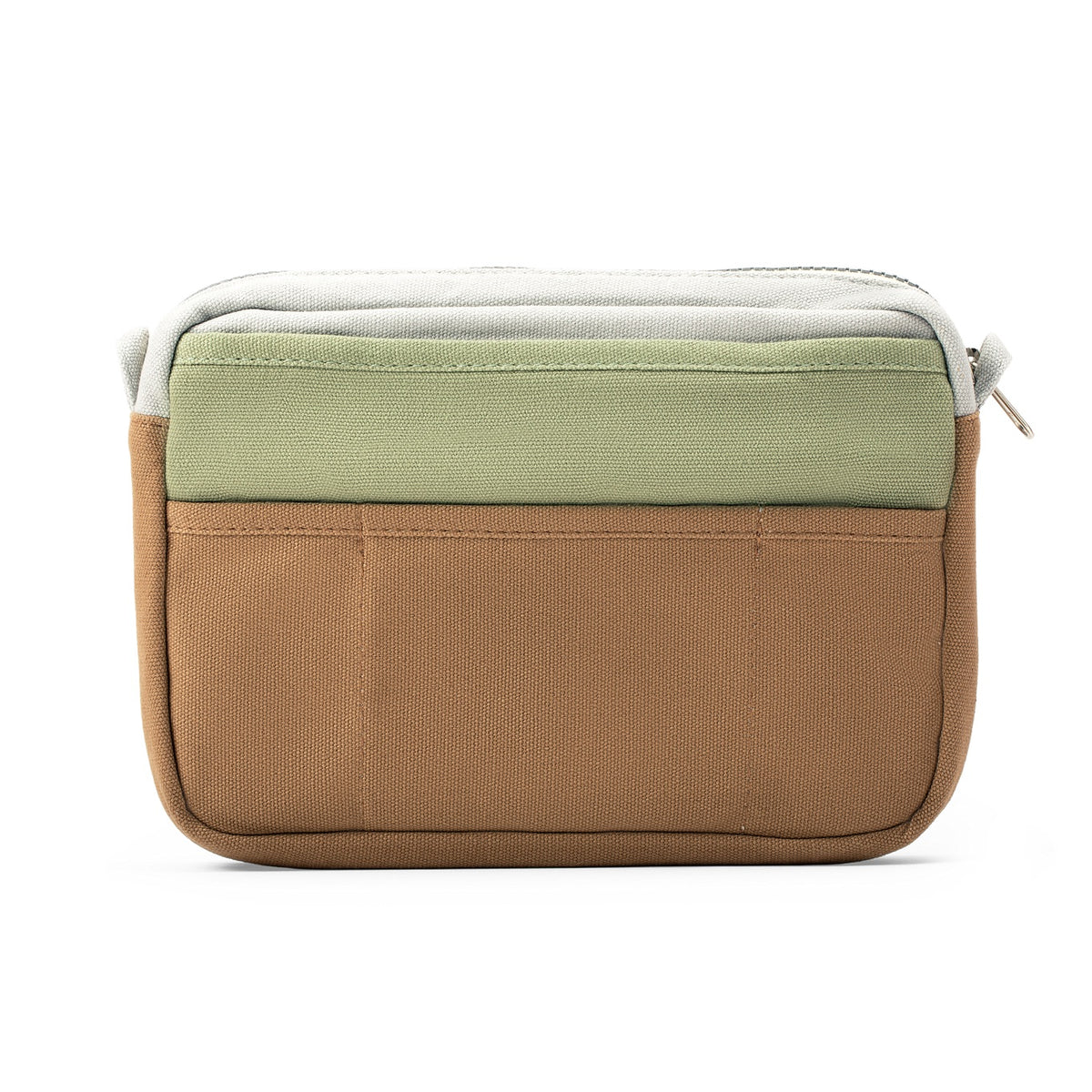 Back of the green and brown Soolla pouch with three open pockets