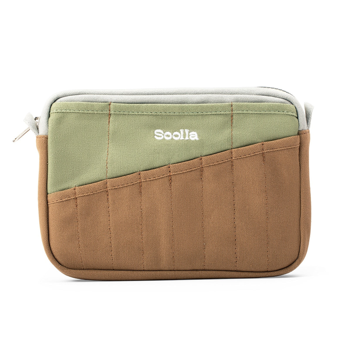 Front of the sage green and brown Soolla stationery pouch with slanted pen pockets