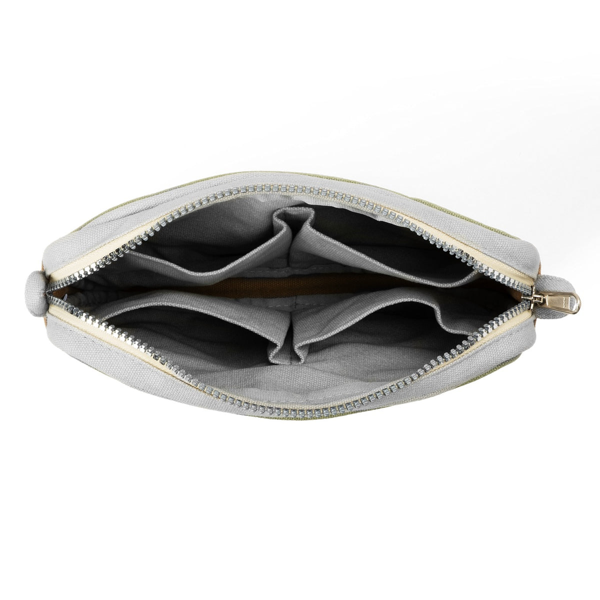 Inside the green and brown Soolla pouch: gray lining with divided pockets
