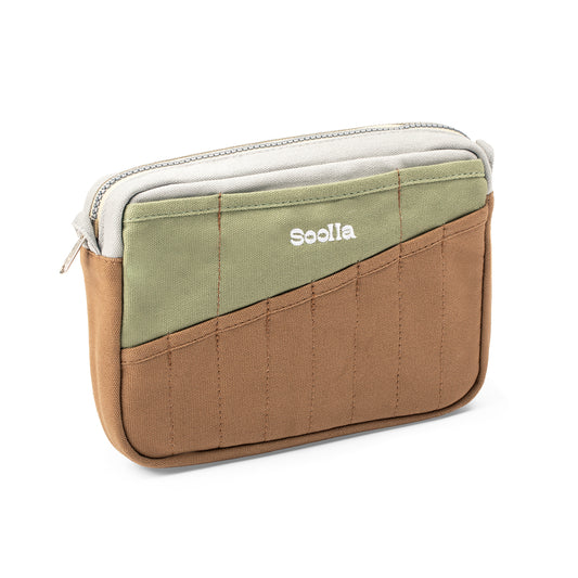 Soolla stationery pouch in sage green and brown with slanted pen pockets