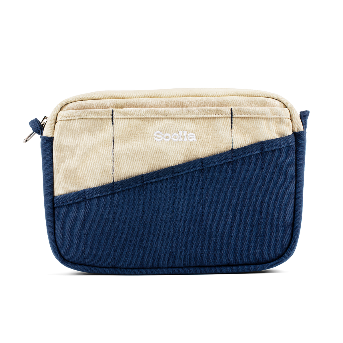 Front of the navy and cream Soolla stationery pouch with slanted pen pockets