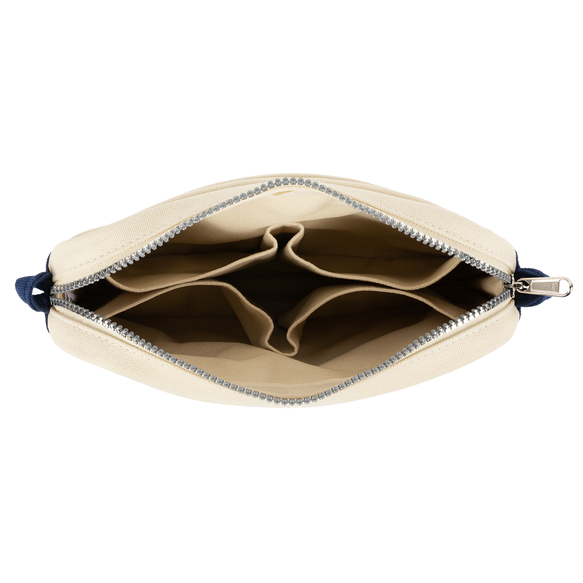 Inside the navy and cream Soolla pouch: cream lining with divided pockets