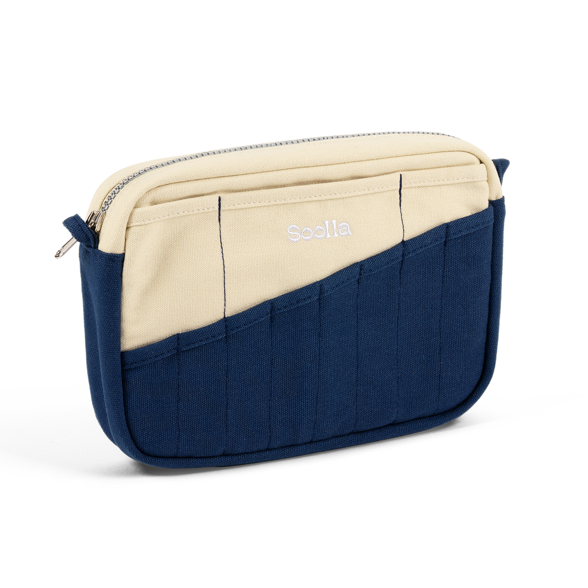 Angled view of the navy and cream Soolla stationery pouch