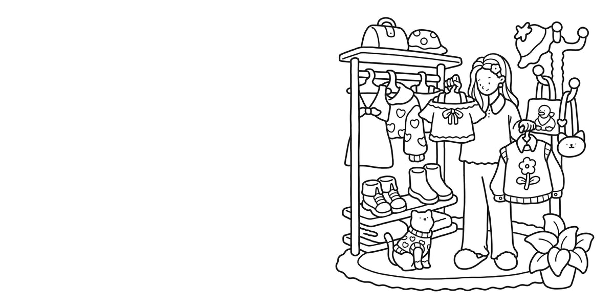 Sample Girl Moments coloring page: a girl choosing clothes from a rack beside a cat