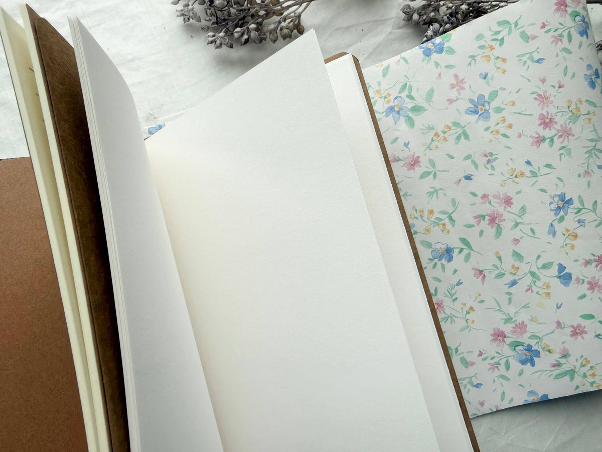 Open blank mixed media insert beside a pastel floral cover