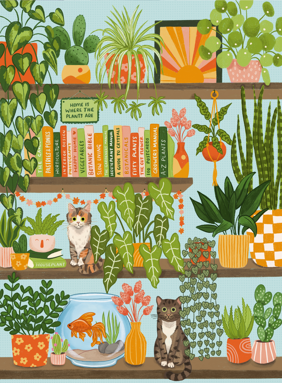 Close-up of the That Plant Life! artwork with plant books, a "Home is where the plants are" sign and cats