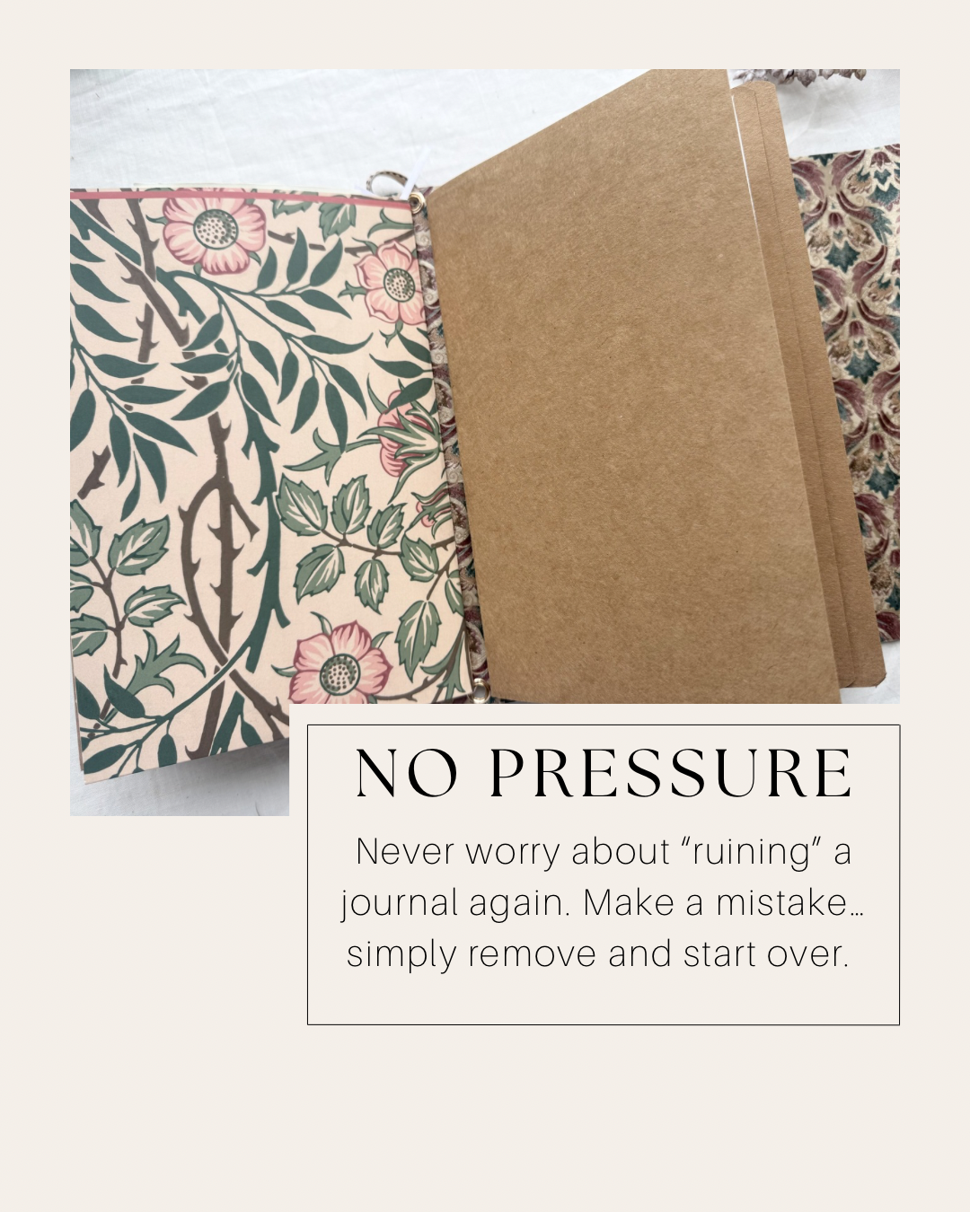 Kraft inserts beside a pink floral folio; text reads No pressure, simply remove a page and start over