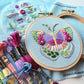 Butterfly sampler hoop with floss skeins and the printed stitch guide