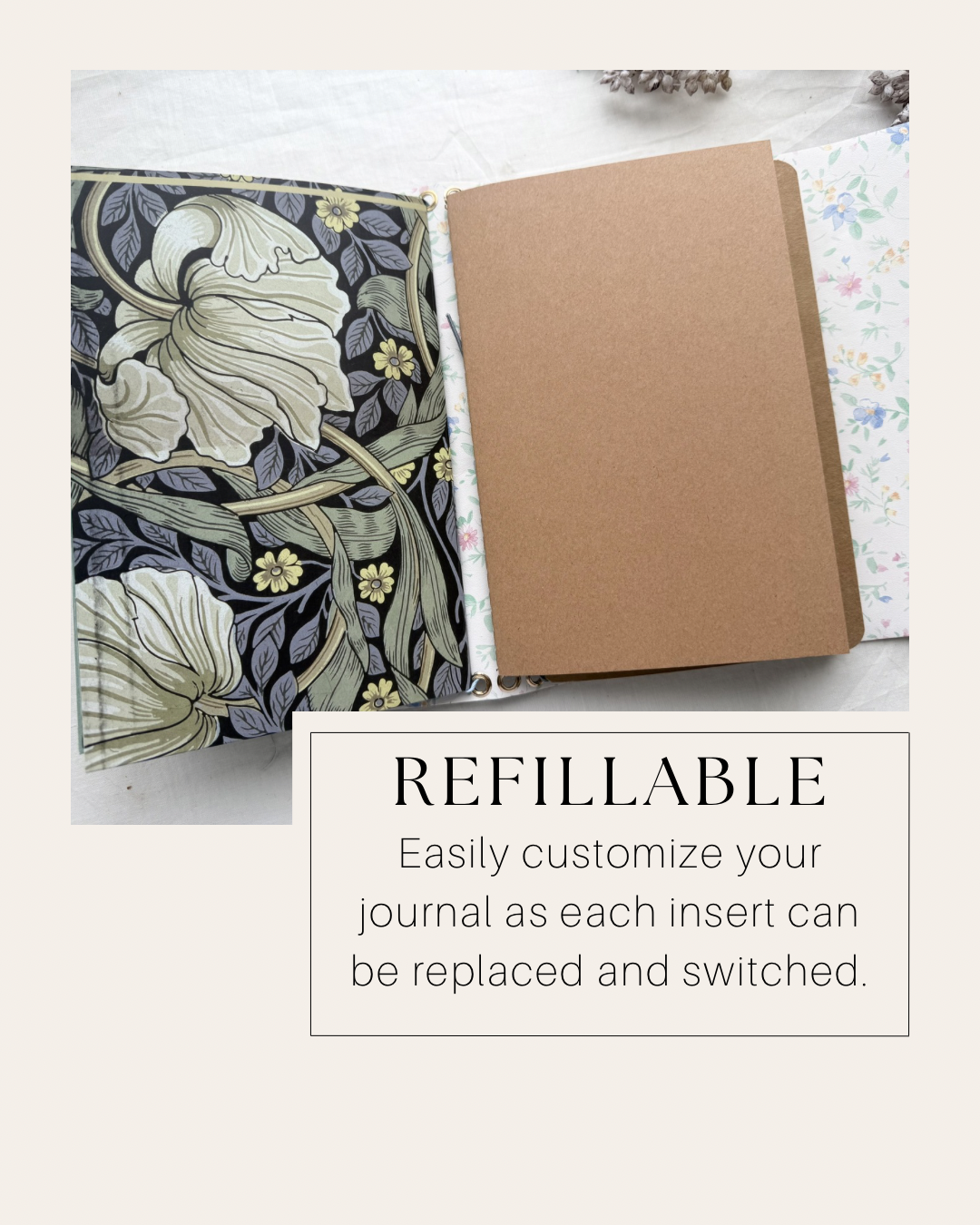 Journal with a floral lining and a kraft insert; text reads Refillable, each insert can be replaced and switched