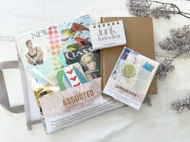 Junk journal kit with the Assorted Ephemera Pack of vintage images, kraft journal, mini notebook and sampler pack