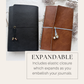 Black and brown refillable journals; text reads Expandable, elastic closure expands as you embellish your journal