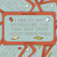 Rust and light blue Molly Illustration sticker reading "I like to buy notebooks and then just think about using them"