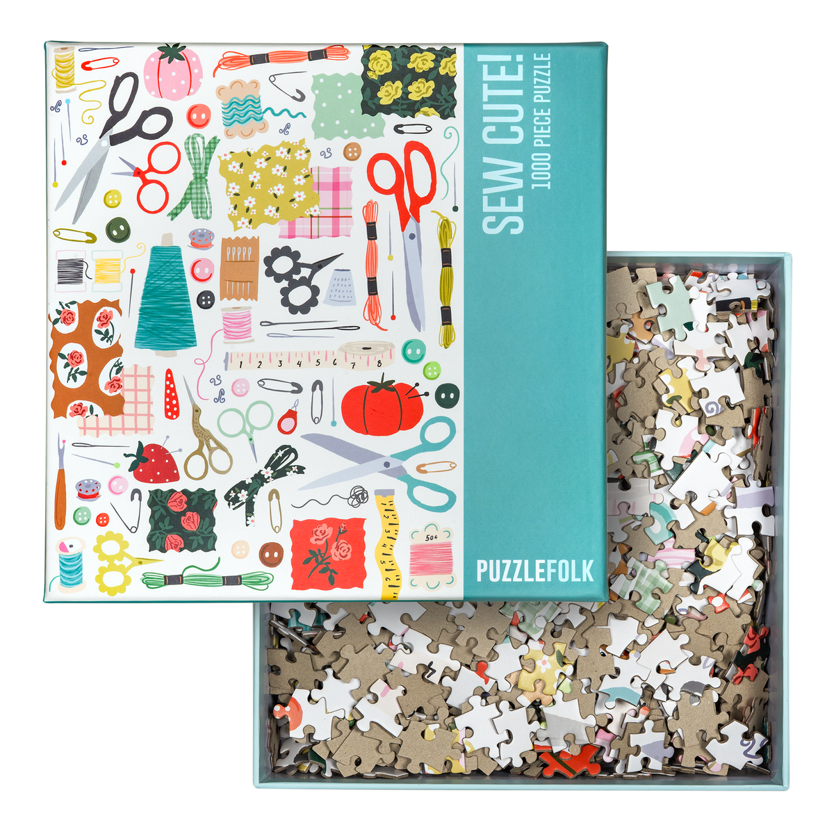 Open Sew Cute! puzzle box with the lid artwork and loose puzzle pieces