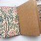 Kraft paper inserts beside a pink rose and green vine patterned folio