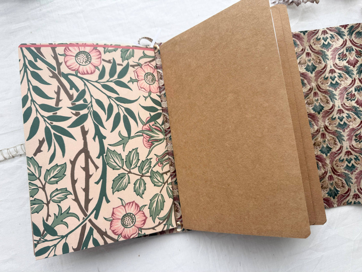 Kraft paper inserts beside a pink rose and green vine patterned folio