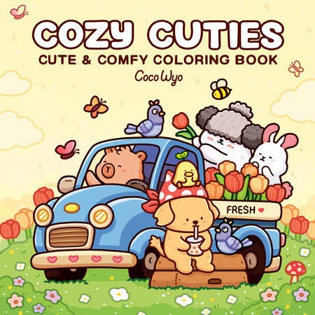 Cozy Cuties coloring book cover by Coco Wyo: cartoon animals riding in a blue truck through tulips