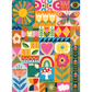 Choose Happy puzzle artwork: patchwork of folk-art tiles with a sun, tulips, butterfly, heart, rainbow, mushroom and flowers