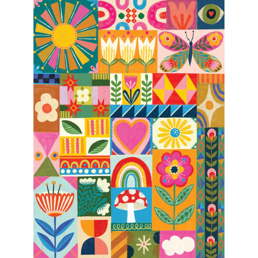 Choose Happy puzzle artwork: patchwork of folk-art tiles with a sun, tulips, butterfly, heart, rainbow, mushroom and flowers